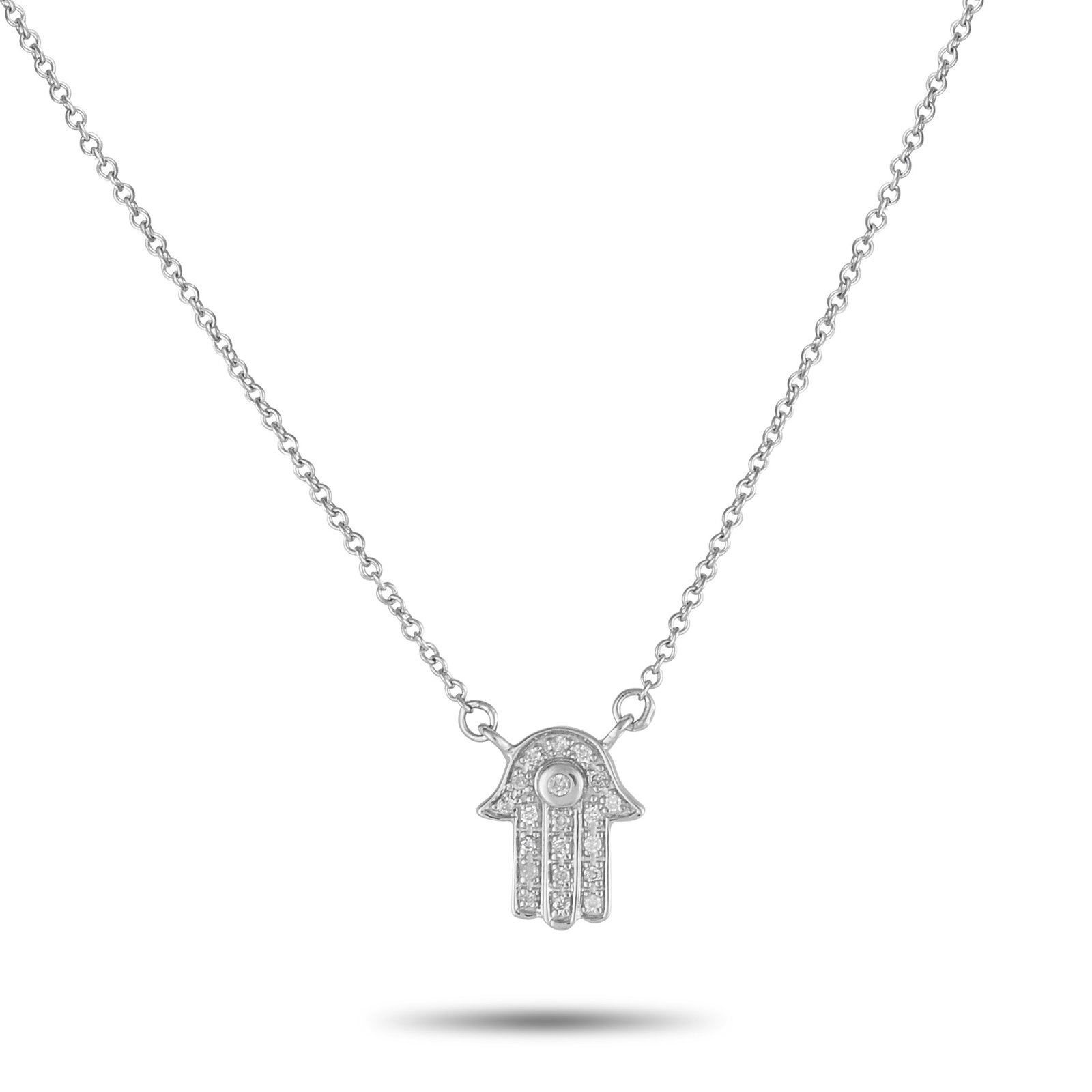 14K WHITE GOLD 0.10CT DIAMOND HAMSA NECKLACE: This 14K White Gold necklace is subtle and elegant. A symbol of protection and good luck, the Hamsa pendant shines to life thanks to inset Diamonds totaling 0.10 carats. The pendant measures 0.38 long