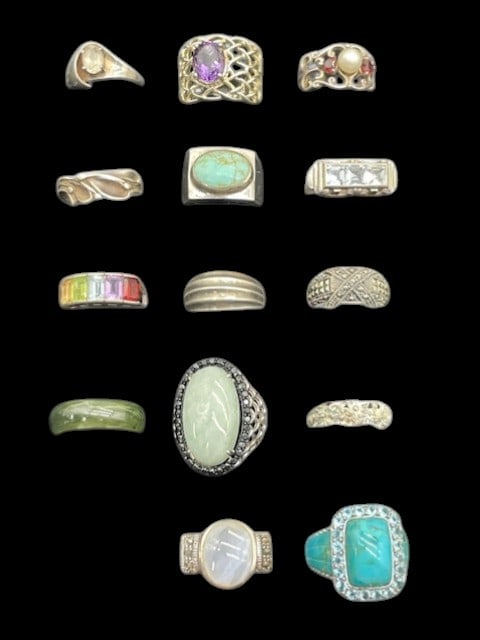 MIXED LOT OF RINGS - STERLING SILVER, JADE, STONES (1 of 11)