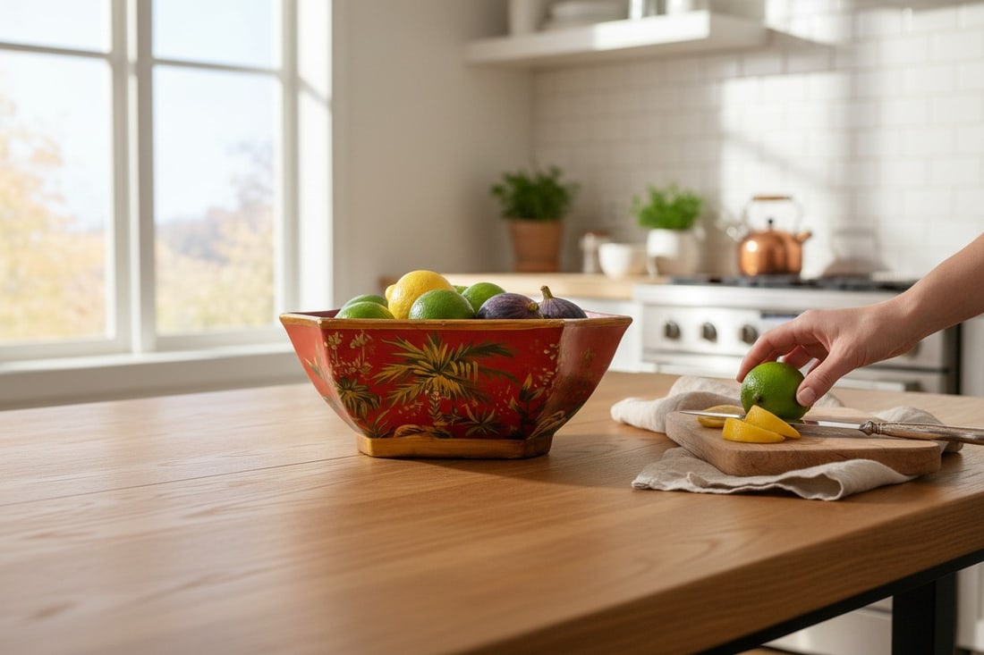 RAYMOND WAITES ASIAN STYLE RED CERAMIC BOWL 6: Stylish 6" decorative bowl by designer Raymond Waites, featuring a rich red ground with hand-painted botanical foliage in warm earth tones. The piece showcases a softly flared rectangular form with in