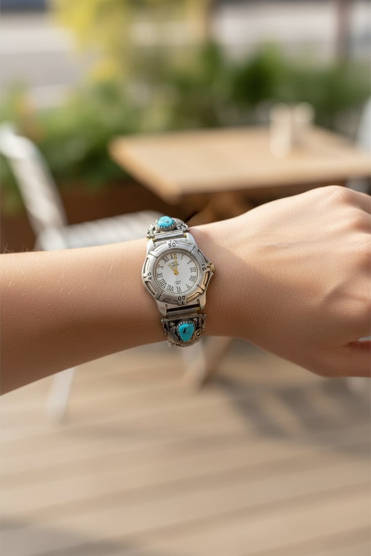 NAVAJO MADE STERLING FOLIATE TURQUOISE CORAL WATCH (1 of 7)