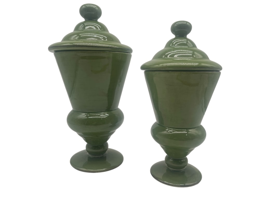 PAIR OF GREEN GLAZED CERAMIC COVERED URNS / VASES (1 of 4)