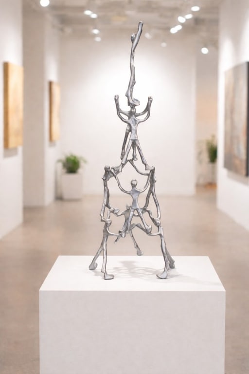 HUMAN PYRAMID CAST METAL SCULPTURE BODIES 30": *For ALTERNATE shipping quote or LOCAL PICK-UP DETAILS, please visit dejavuauctionshipping.com 30" TALL MODERN PEWTER FINISH HUMAN PYRAMID / ACROBAT FIGURAL SCULPTUREStriking contemporary décor sculp