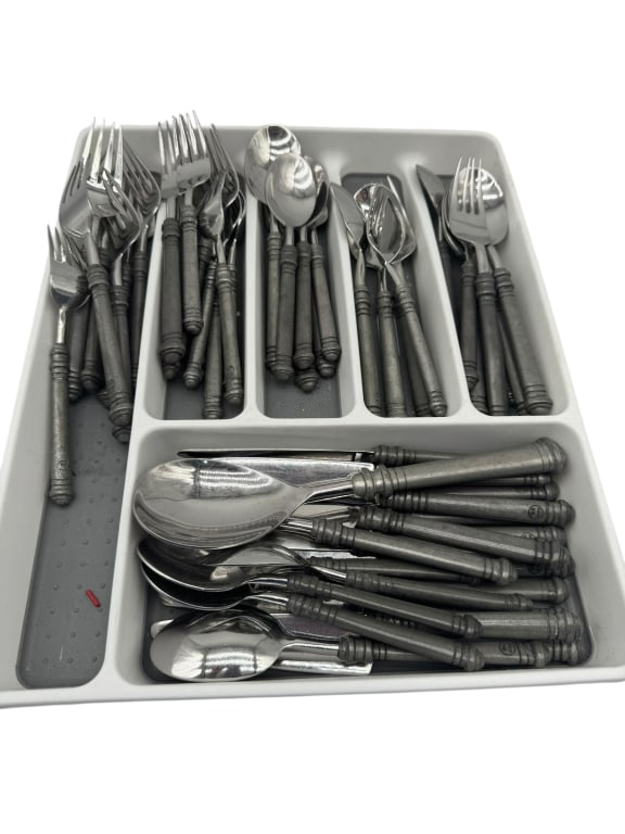 SET OF STAINLESS FLATWARE W/ PEWTER STYLE HANDLES (1 of 2)