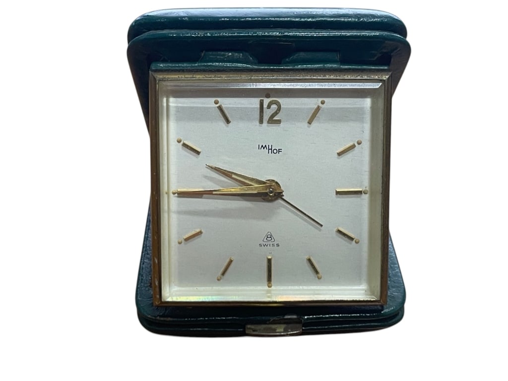 ANTIQUE SWISS IMHOF FOLDING TRAVEL CLOCK W/LEATHER (1 of 11)