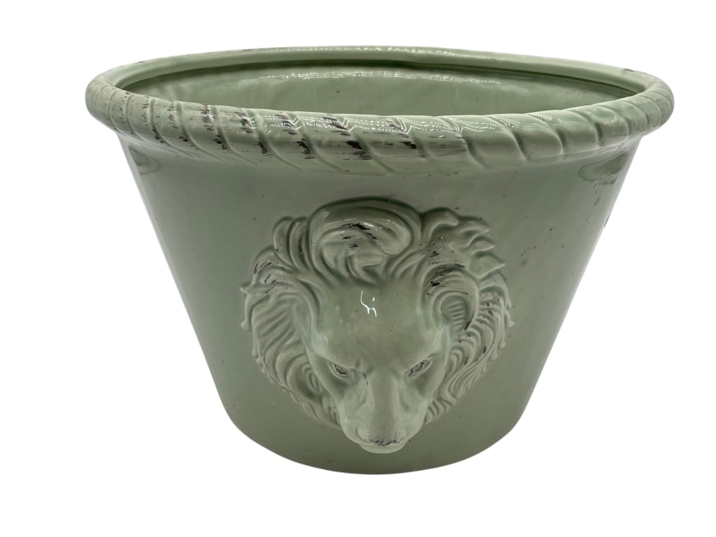 VINTAGE GREEN GLAZED TRIPLE LION ROUND PLANTER 11" (1 of 2)