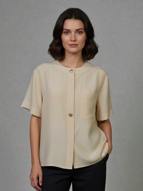 CHANEL ECRU 2 BUTTON SS SILK BLOUSE TOP SIZE M 8 (1 of 7)