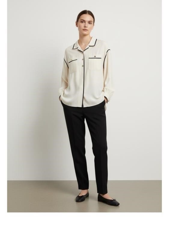 CHANEL CREAM W/ BLACK EDGING SILK BUTTON BLOUSE M: By bidding on this listing, you understand and agree to be bound by the terms and conditions of DejaVu Auctions.*For ALTERNATE shipping quote or LOCAL PICK-UP DETAILS, please visit