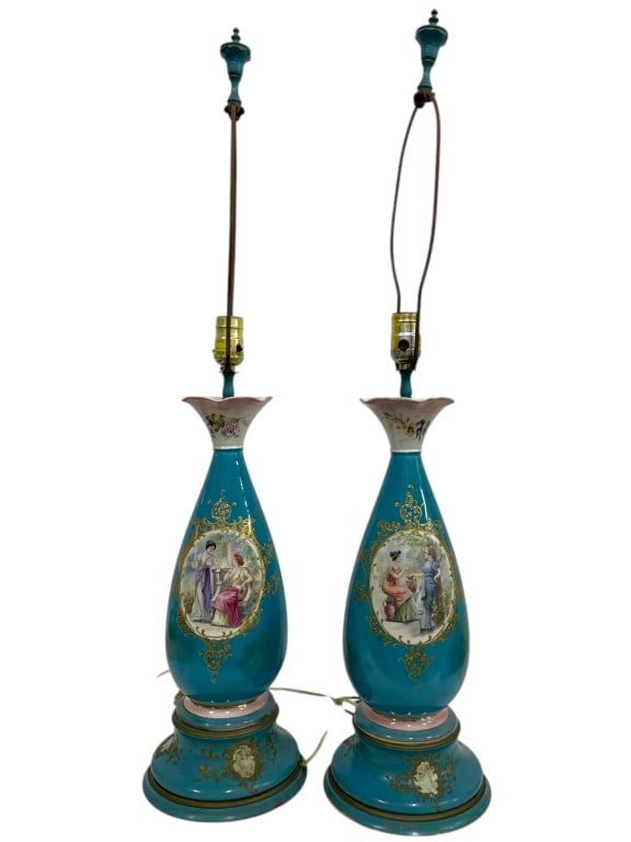 VTG PORCELAIN TABLE LAMPS W FIGURAL SCENES 34" (1 of 10)