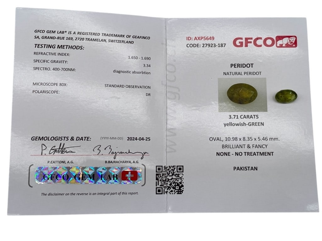 GFCO-CERTIFIED NATURAL PERIDOT OVAL CUT 3.71 CARAS (1 of 2)