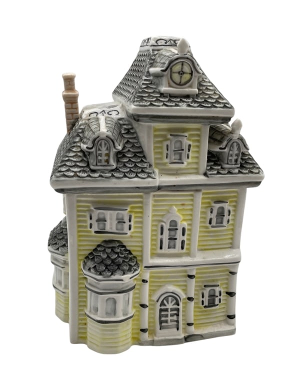 VINTAGE COOKIE/TREAT CONTAINER YELLOW BLACK HOUSE: Vintage cookie or treat container in the shape of a yellow house with a black roof. 10" x 6.5" in size msn *** Please check back often, we add NEW ITEMS daily to our active auctions! * ** By bidding o