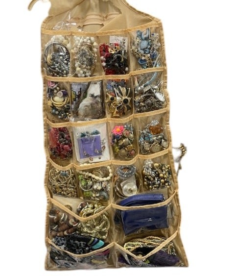 PACKED TIGHT LOT VINTAGE ANTIQUE COSTUME JEWELRY: PACKED IN so tight look at all pictures! An amazing amount of goodies - we stuffed it and put it online! Most are whole pieces but a few single earrings are included. By bidding on this listing, you u