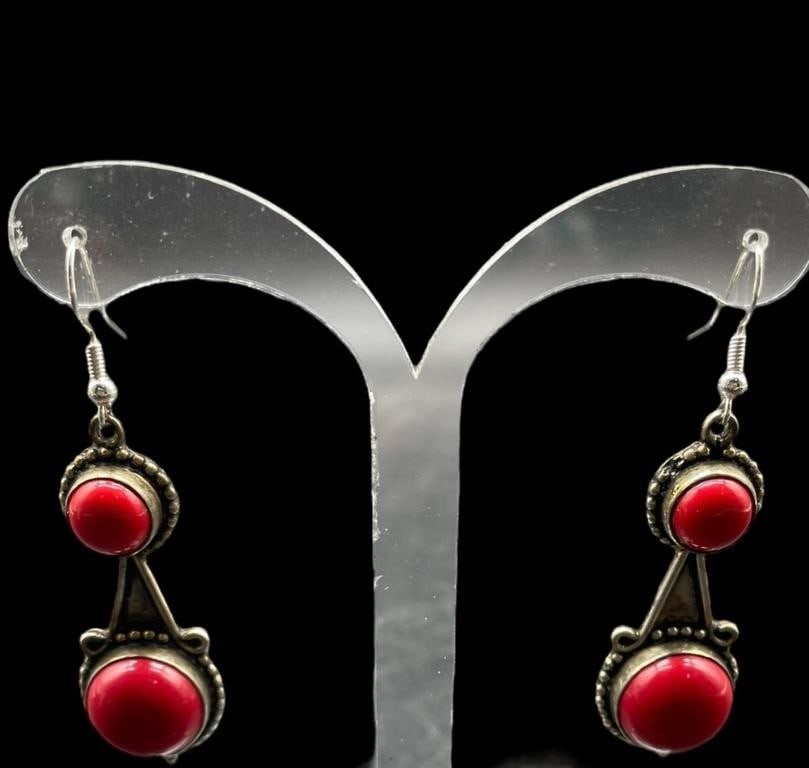 STERLING SILVER 925 RED CORAL 2" DANGLE EARRINGS (1 of 4)
