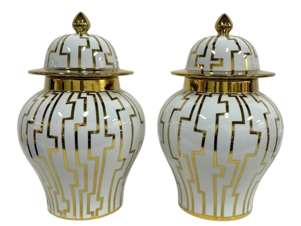 PAIR OF WHITE & GOLD ART DECO STYLE CERAMIC JARS (1 of 2)
