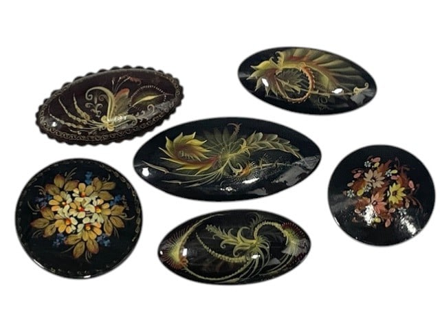 SET OF 6RUSSIAN BLACK LACQUER PAINTED BROOCHES: By bidding on this listing, you understand and agree to be bound by the terms and conditions of DejaVu Auctions. *For ALTERNATE shipping quote or LOCAL PICK-UP DETAILS, please visit dejavuauctionshipp
