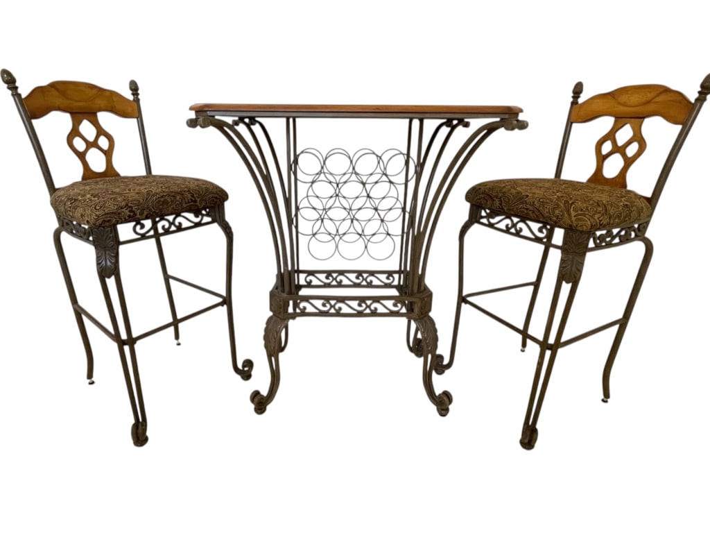 WROUGHT IRON & WOOD BISTRO TABLE & 2 STOOLS (1 of 9)