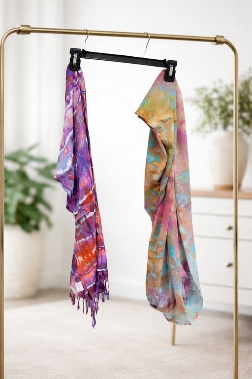 SET OF 2 LIGHT FLORIDA SCARVES RAYON & JERSEY: Pretty tie dye on both with one in rayon and the other jersey. Jersey is an infinity scarf, rayon has fringe. Both in new condition msn *** Please check back often, we add NEW ITEMS daily to our activ