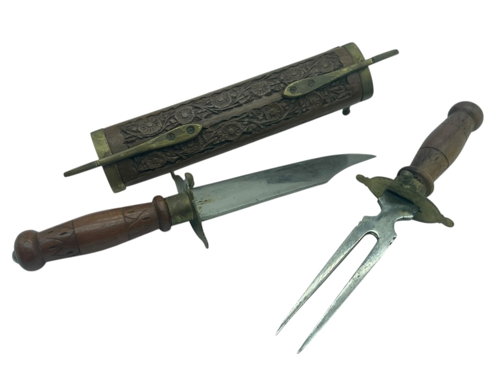 CARVED WOOD SHEATH W/ FORK & KNIFE BRASS LOCKING (1 of 8)