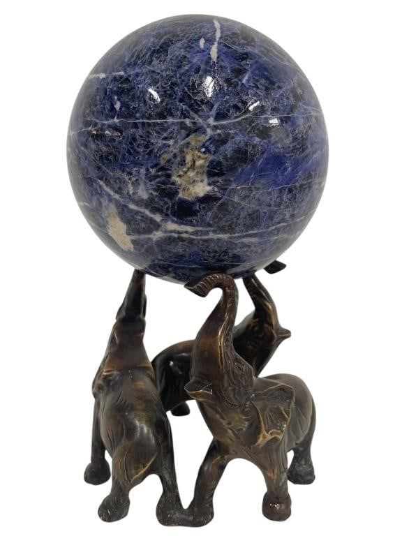 8" BRONZE ELEPHANT TRIO HOLDING UP SODALITE SPHERE (1 of 6)