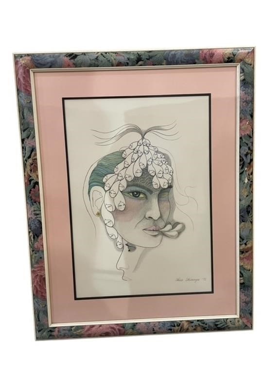 ORIGINAL DRAWING JAPANE AKIRA SHIMAYA PORTRAIT 30": - ORIGINAL artwork in ink- by Japanese artist Akira Shimaya- Frame is painted to match Surrealistic portrait- Good condition for all '- Measures 30" tall and 26" wide.msnBy bidding on this listing, yo
