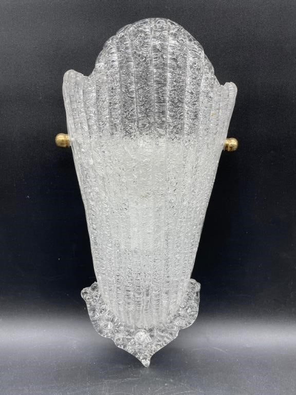 ICE GLASS ART SCULPTURED WIRED WALL SCONCE 15": Mid-century style wall sconce shade featuring textured ?ice glass? with vertical ribbed detailing. The molded glass has a frosted, organic appearance that diffuses light softly, accented by brass side