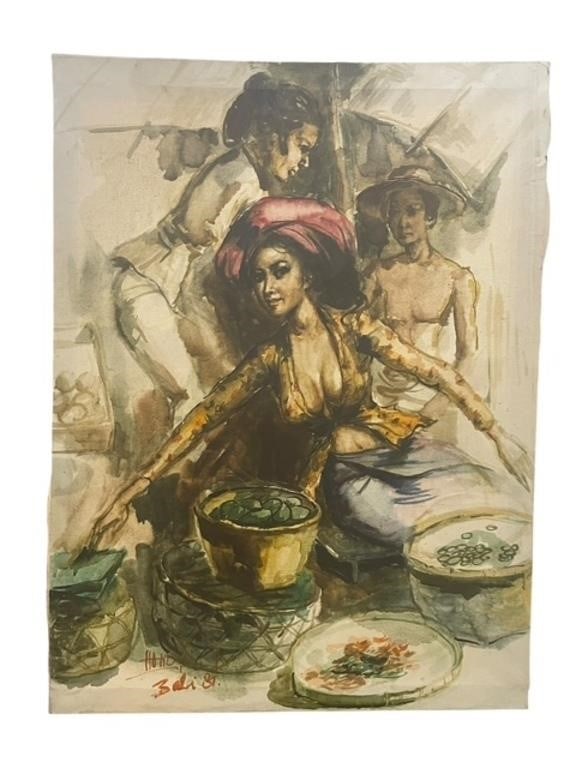 BALI '81 SIGNED "H" OIL ON CANVAS MARKET ST LADIES: - Beautiful well nourished ladies in a street scene- Signed with an H... that we are unable to make out- Followed by Balie '81 leading to believe this is a street artist work- Some yellowing of the ca