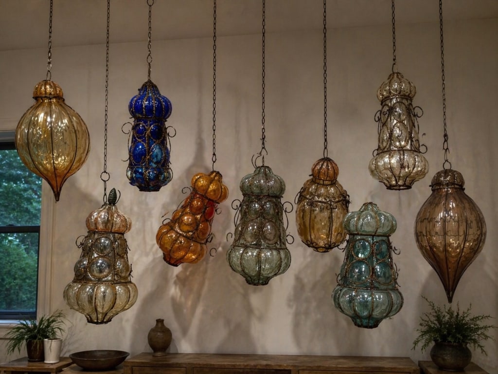LARGE LOT OF IRON WRAPPED BLOWN GLASS LANTERNS 10: Big lot with most heights in the 18" to 22" length zone, colorful and vibrant blown glass blown through iron strapping. The blue one has some breaks, please see pictures, and there may be a fracture h