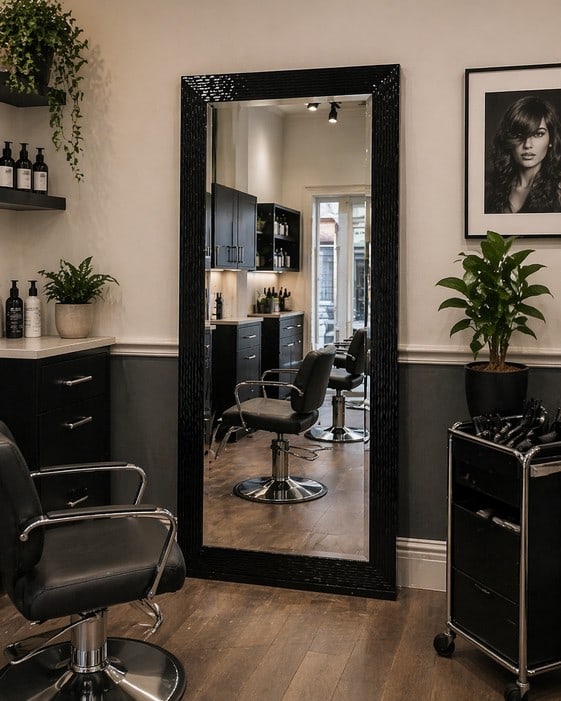 PATENT BLACK TEXTURED FULL LENGTH SALON MIRROR 68": Measures 38" wide x 68" length. Salon mirror in nearly new condition with shiny black edging and textured line appeal. Solid and wall mountable. msn260421 ** THESE ITEMS WILL BE FOR PICK UP OFF SITE (