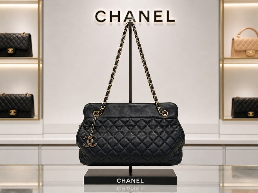 VINTAGE CHANEL QUILTED LEATHER NAVY PURSE BAG 14": Vintage Chanel quilted leather shoulder bag, crafted in classic navy quilted leather with dual chain-and-leather interwoven straps, gold-tone hardware, and oversized CC logo charm—a soft, slouchy lu