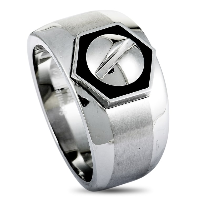CHARRIOL ROTONDE STEEL BLACK EPOXY BAND RING SZ 9: A stunningly robust design is marvelously presented in stainless steel in this fantastic Rotonde ring that is created by Charriol, producing a compellingly masculine effect.Ring Top Dimensions: 11mm x