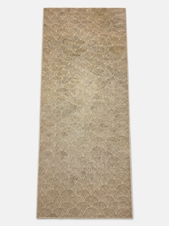 OVERSIZED BEIGE SCALLOPED TEXTURED RUG 190" x 84": Elegant oversized area rug featuring a neutral beige and taupe palette with an allover raised scalloped fan pattern. The dimensional woven texture gives the piece a refined coastal, Art Deco inspired,