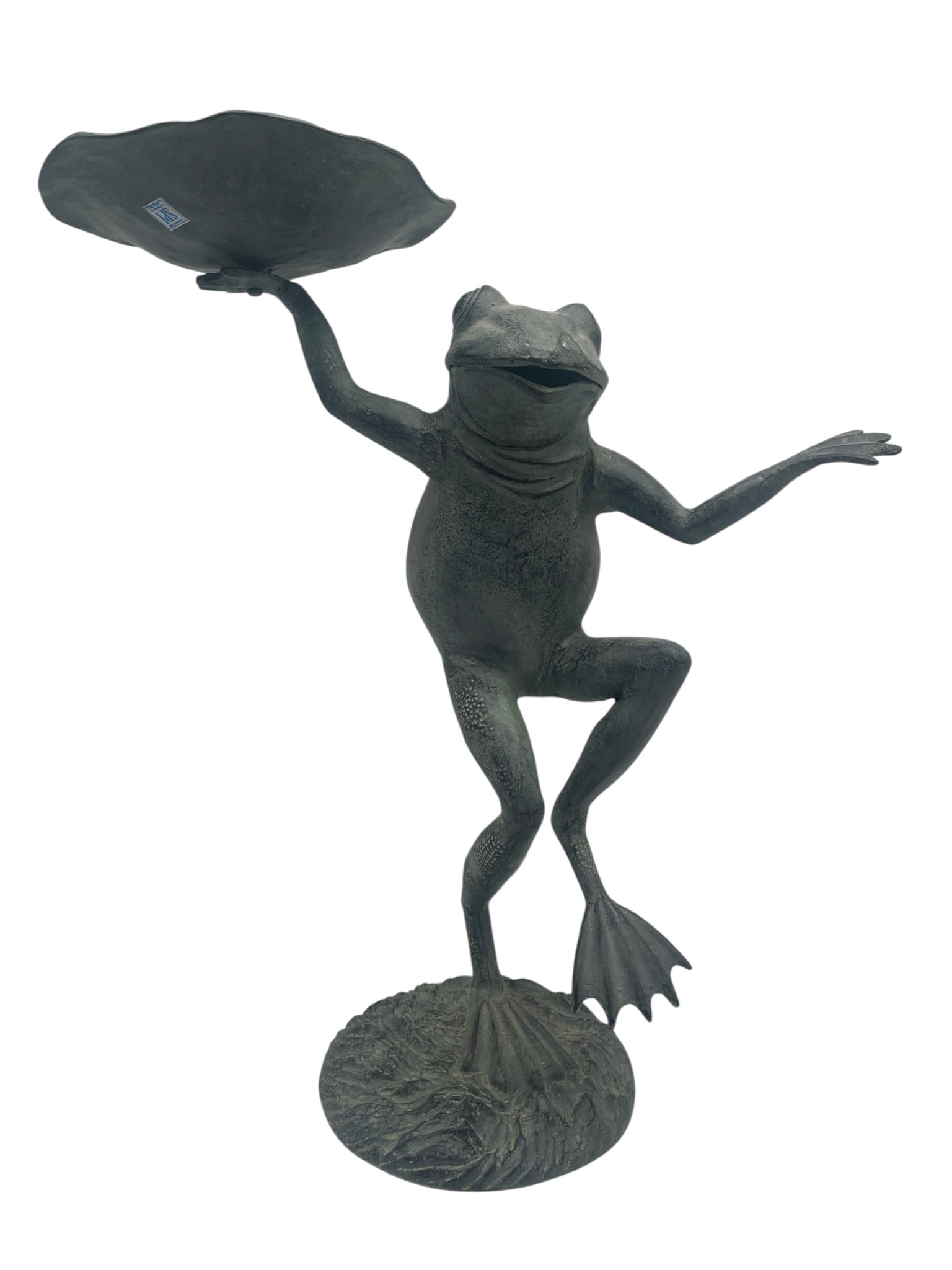 METAL VERDIGRIS FROG GARDEN SCULPTURE 21": Bronze-tone frog garden sculpture featuring a whimsical standing frog pose with one arm raised to support a lily pad form, likely usable as a small birdbath, planter accent, or decorative garden vesse