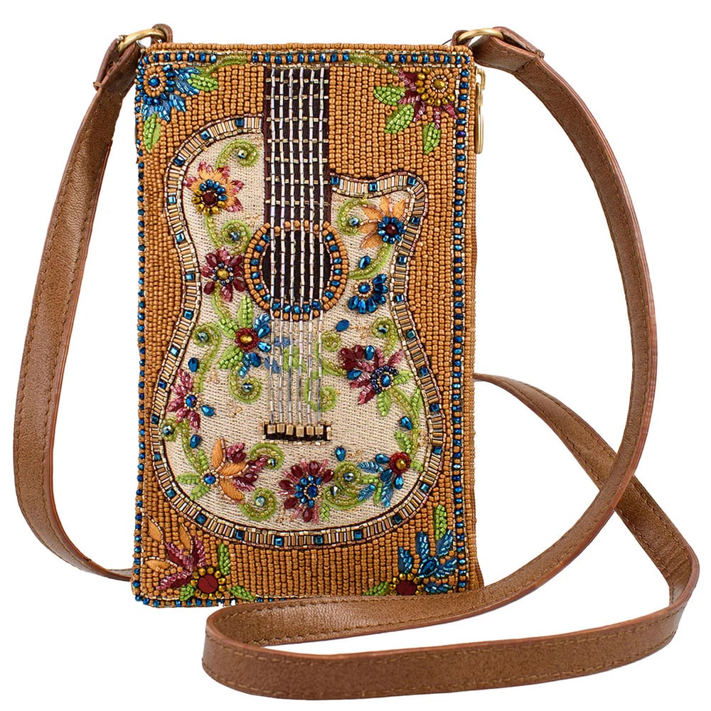 NEW MARY FRANCES GARDEN GROOVE GUITAR BAG: Strike a stylish chord with this guitar inspired crossbody phone purse, decked out in vibrant beads and blooming florals. This handbag hits all the right notes, perfect for concerts, festivals, or add