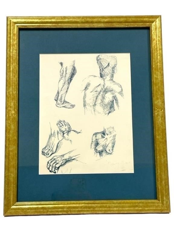 HENRY MOORE ORIGINAL INK DRAWING ON PAPER 20": HENRY MOORE BRITISH WOMAN FIGURAL STUDY INK DRAWING – 20" X 16" APPROX TO FRAME 12" X 9" APPROX TO ART WINDOW -Expressive ink drawing depicting studies of hands, feet, and partial figure forms, rend