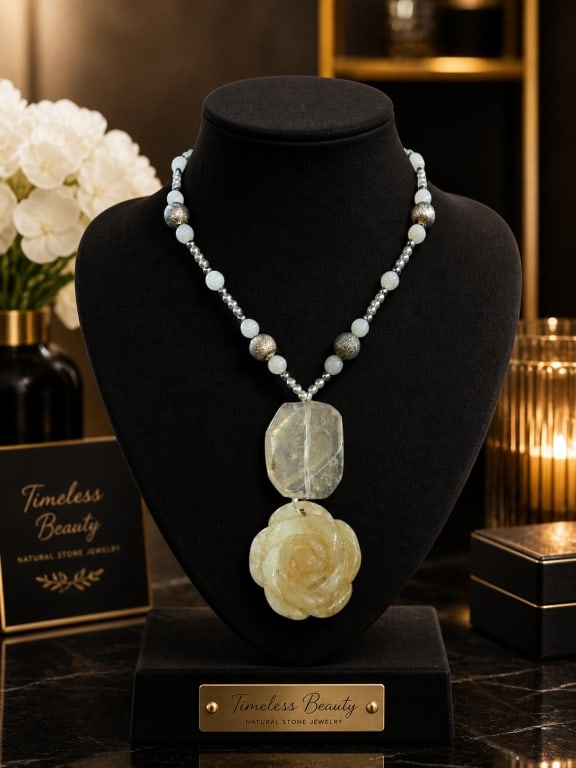 STONE CARVED ROSE BOLD AGATE DROP ARTISAN NECKLACE: - local artisan made - rose carved in real stone - attached to an agate for a big dramatic drop pendant - real stones and upcycled vintage for the body of the necklace - new creation never worn - a be