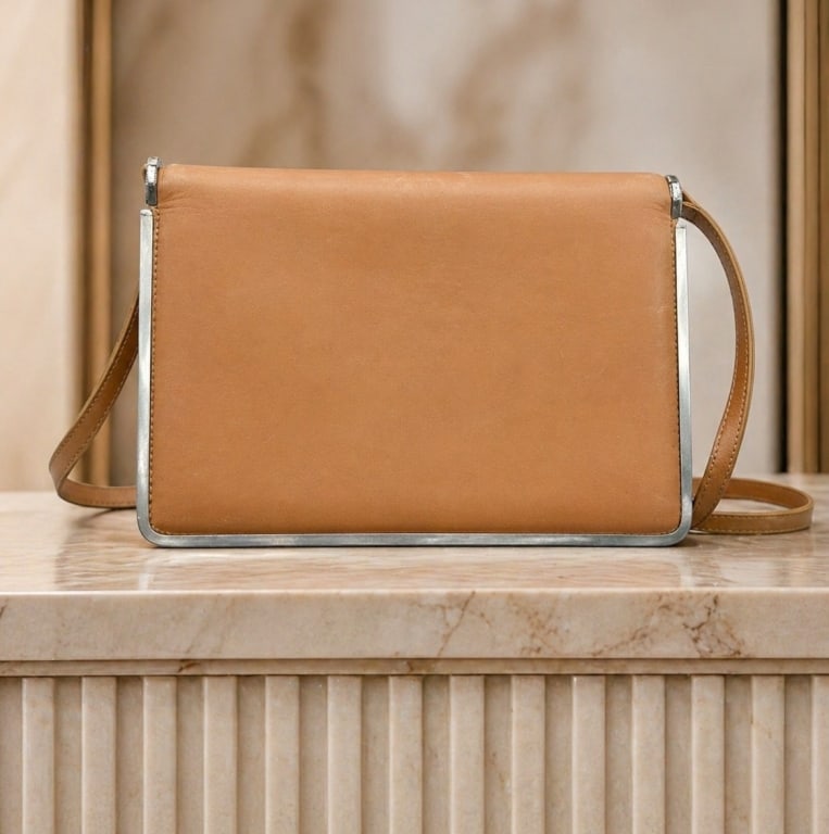 VINTAGE GIORGIO ARMANI TAN LEATHER CROSSBODY 8.5": Vintage Giorgio Armani tan leather crossbody shoulder bag featuring a sleek structured rectangular silhouette with silver-tone metal edge frame, snap-front flap closure, long leather shoulder strap, a