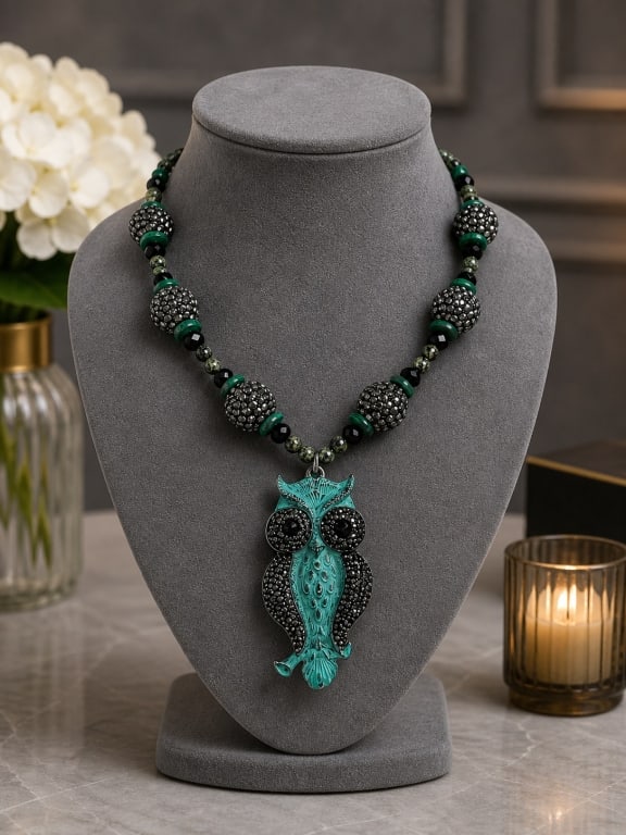 ARTISAN MADE DARK BLING PATINA OWL BOLD NECKLACE: - local artisan made - artist upcycles vintage jewelry to make new pieces - this one features a very cool patina look owl - dark bling crystal balls for bold decor - beautiful and a great gift - new d