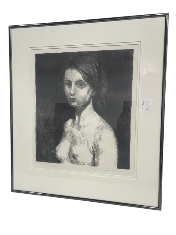FRAMED SIGNED LIMITED EDITION FEMALE PORTRAIT 22": Striking framed limited edition black-and-white figural portrait print depicting a seated female nude with expressive facial features and dramatic dark background contrast. The work appears to be penc