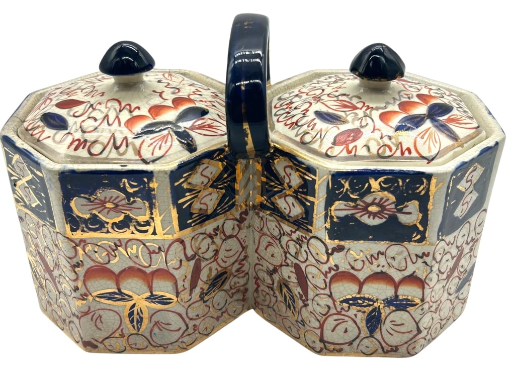 WADEHEATH ENGLAND DOUBLE CONDIMENT JAR 8": Decorative antique hand-painted double condiment jar marked “Wadeheath England” on the underside, featuring two attached octagonal covered compartments with a central upright handle, domed