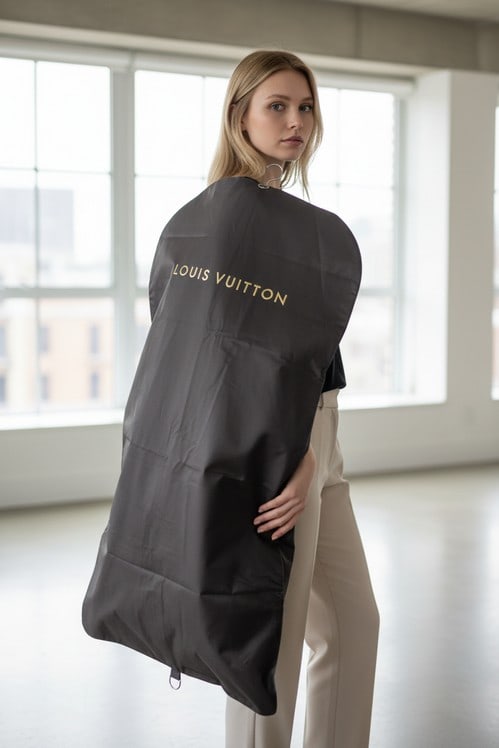 LOUIS VUITTON STORE GIVEN GARMENT TRASPORT BAG NEW: Louis Vuitton branded garment bag, featuring lightweight coated fabric construction with gold “Louis Vuitton” logo print, hanger opening at top, and full-length protective design—used for st