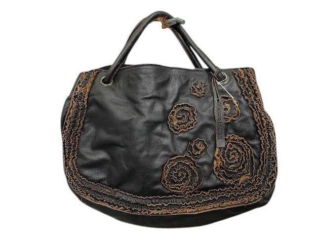 ADOLFO RODRIGUEZ BLACK W/ RELIEF FLORAL HOBO BAG: By designer Adolfo Rodriguez Black leather hobo style bag with shorter handle Relief floral detail on the front and overstitching in brown all over Amazing bag in great condition! msn * By bidding on 