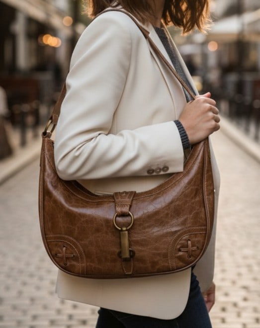 VTG DANNYBAGS BROWN LEATHER HOBO SHOULDER BAG 11": Stylish DannyBags brown leather hobo shoulder purse featuring a curved crescent silhouette, distressed crackle-finish leather, contrast stitching, lace-up corner accents, and brass-tone ring and clasp