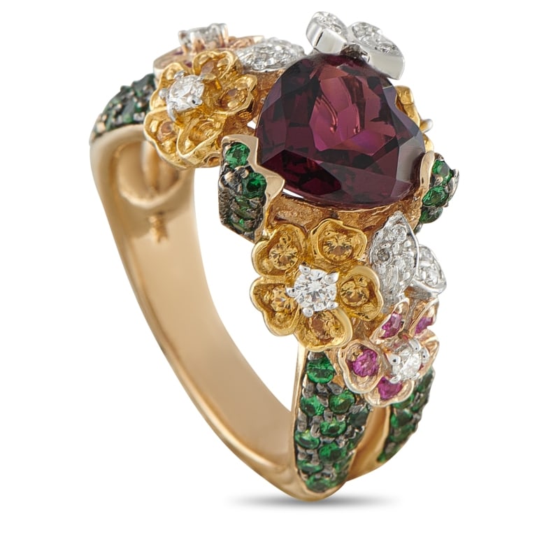 14K GOLD DIAMOND SAPPHIRE RUBELLITE RING SIZE 10: This impeccably crafted ring is filled with romantic details. A heart-shaped 3.35 carat Rubellite gemstone makes a statement at the center of the opulent 14K Yellow Gold setting. On the sides, colorfu