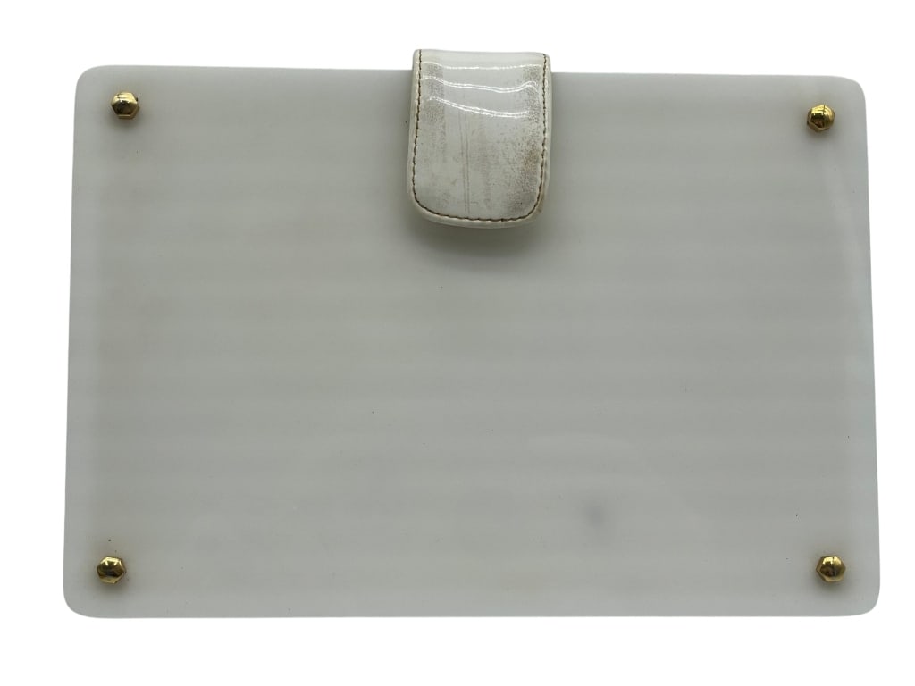 VINTAGE MID MOD WHITE PEARL LUCITE KORET EVE BAG: SIGNED Koret on the lining inside with gold paint trim Vintage era 60's Some wear consistent with age, see all pictures for details. Measures 8" across. msn * By bidding on this listing, you understan