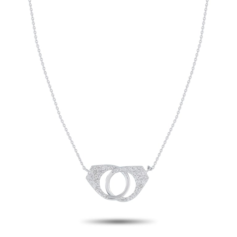 14K .15CT DIAMOND PAVE HANDCUFF PENDANT NECKLACE: Lock a little sparkle around your neck with this diamond necklace. The pendant, shaped like interlocking handcuffs and pav-set with 0.15 carats of petite diamonds, measures 0.32 by 0.63. It is held by