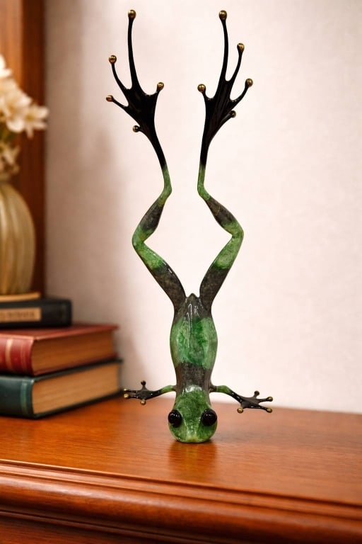 Handcrafted Green Frog Figurine in Handstand Pose (1 of 2)