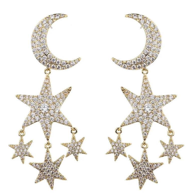 New Eye Candy Cannis Earrings with CZ Crystals and: These celestial-inspired New Eye Candy Cannis Earrings feature an updated crescent moon and constellation motif. Crafted from gold-tone brass and adorned with shimmering CZ crystals, the earrings meas