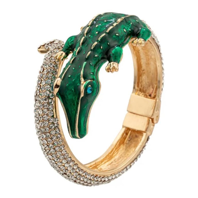 Green Alligator Cuff Bracelet with Glass Crystals (1 of 2)