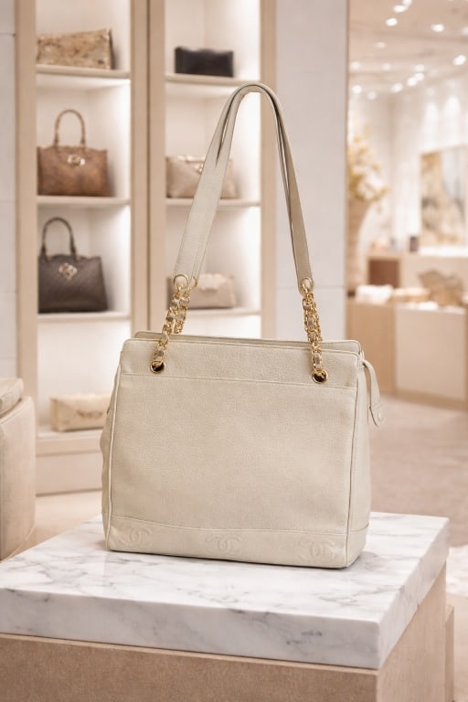 CHANEL TRIPLE CC TAN CAVIAR LEATHER PURSE TOTE BAG: CHANEL TRIPLE CC TAN CAVIAR LEATHER PURSE TOTE BAG -Good pre owned condition, does have some smudges from wear and might need a surface cleaning, see all pictures for details on condition -Approx 13"l