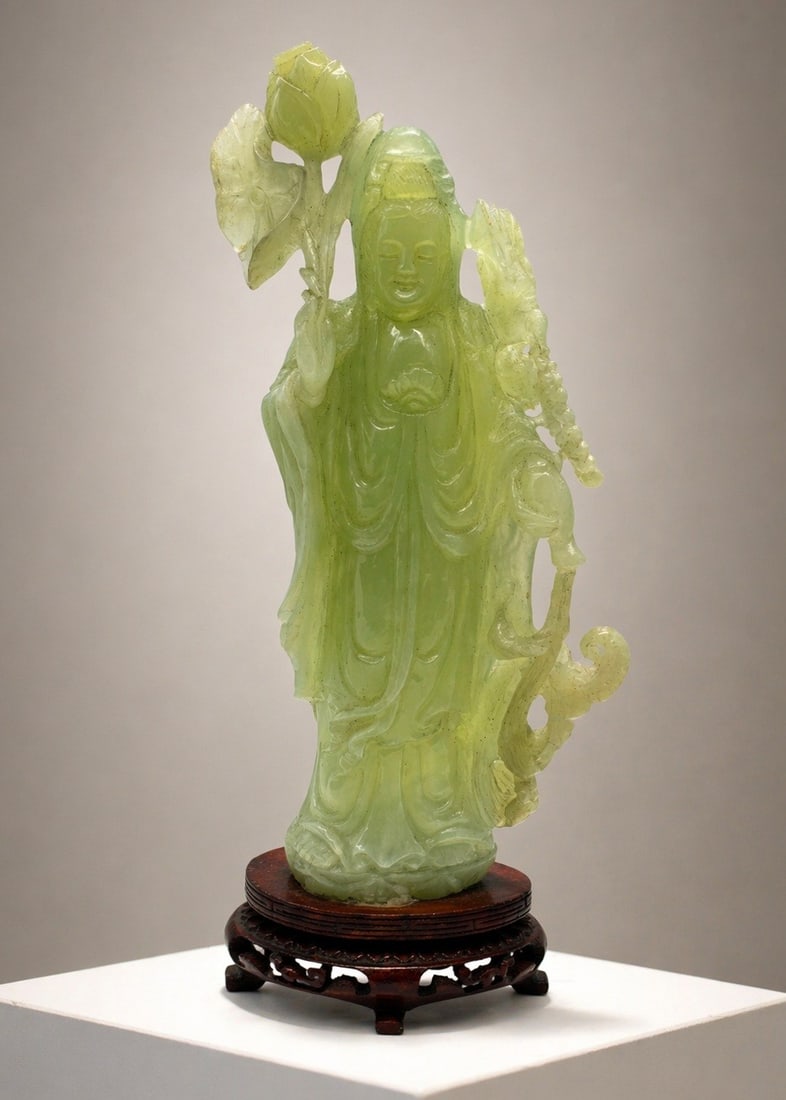 CARVED GREEN JADE GUANYIN FIGURE WOOD STAND 11" (1 of 13)
