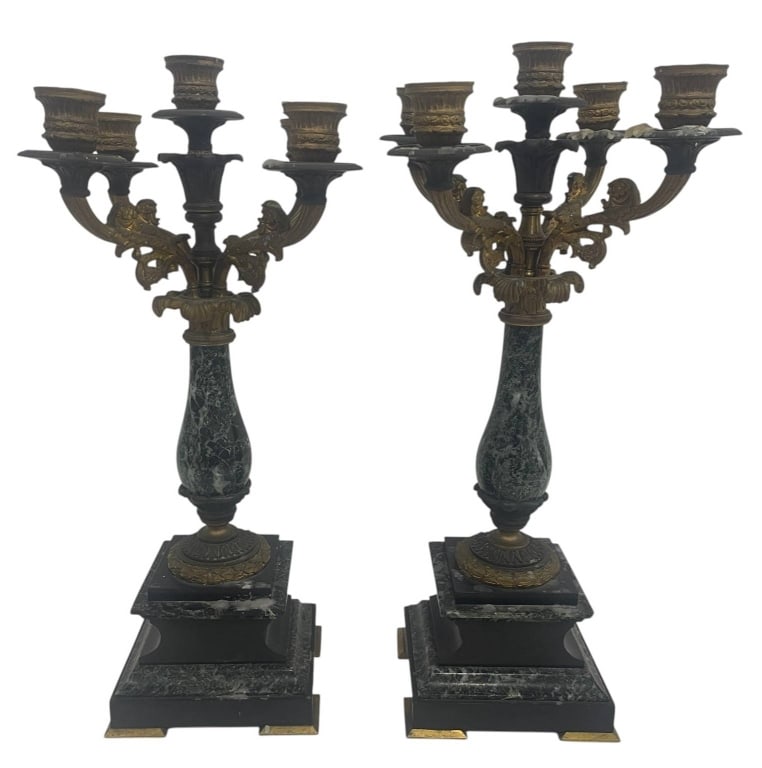 PAIR BRONZE AND MARBLE CANDELABRA 17" (1 of 5)